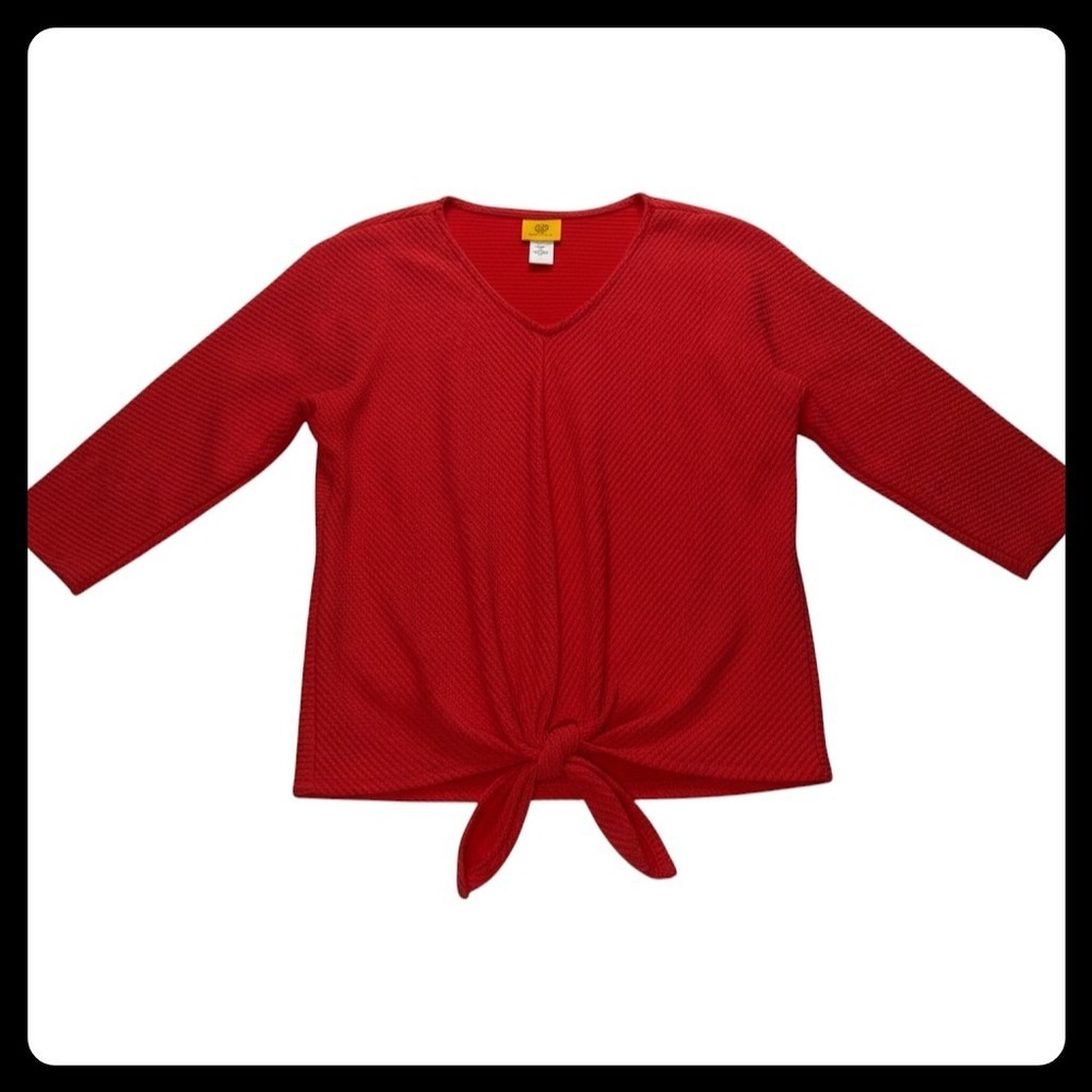 Ruby Rd. Tie Front Top Women Medium Red Ribbed V-Neck Knit Shirt Casual